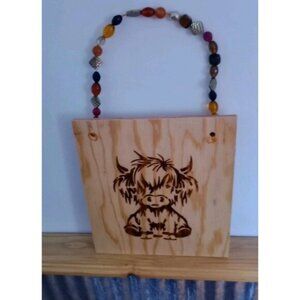 Handmade Highland Cow Home Decor Wood Burnished Plaque Wall Hanging Jeweled New